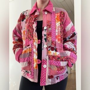Pink patchwork handmade vintage quilt jacket coat cotton small medium collar